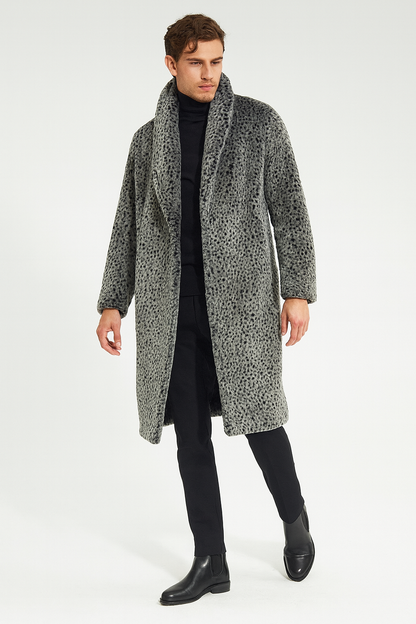 Mens Luxury Long Grey Faux Fur Coat  Winter Overcoat with Animal Print Design
