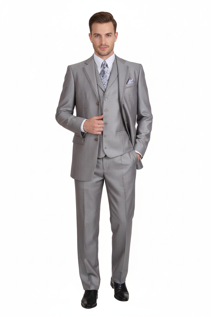 Mens Light Gray 3-Piece Modern Fit Suit with Vest  Classic Formal Business and Wedding Attire