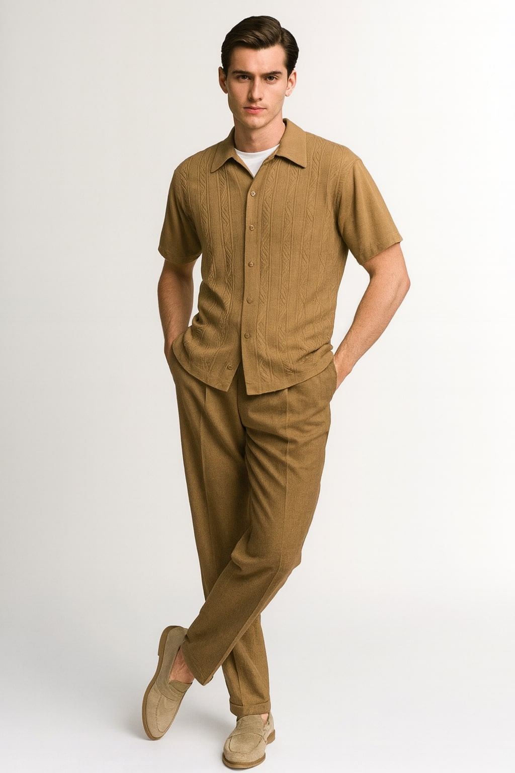 Mens Mocha Brown Short Sleeve Knit Walking Suit  Two-Piece Casual Button Down Set in Taupe Coffee Color