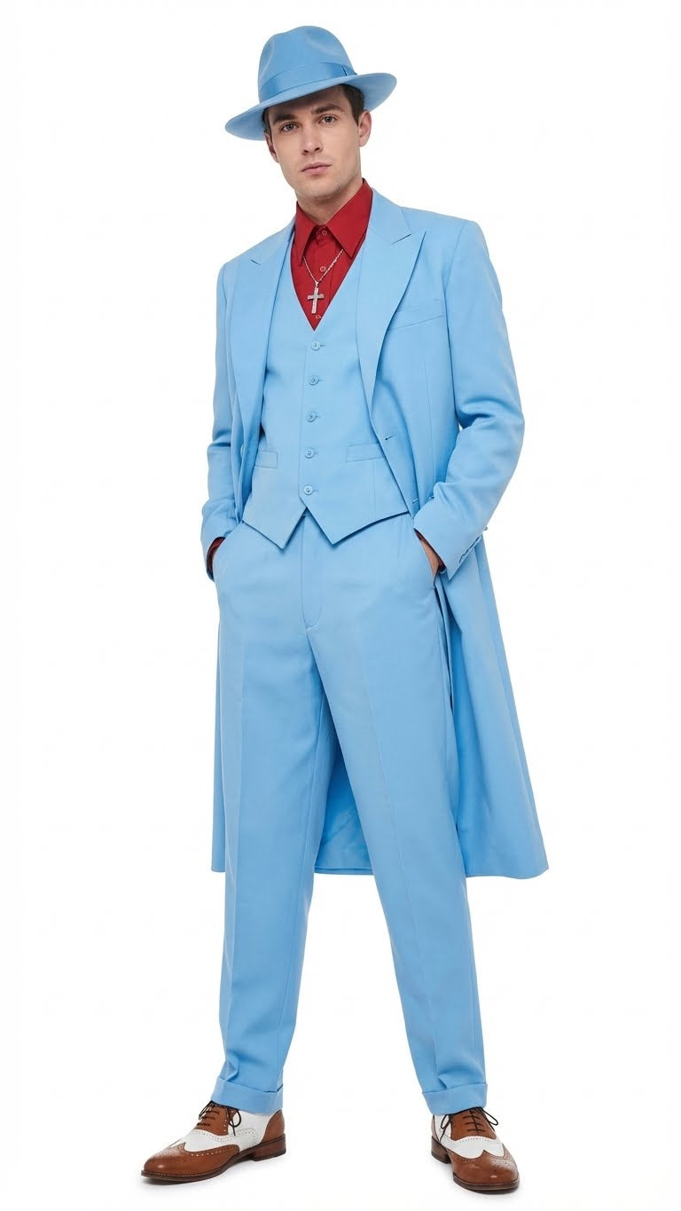 34 Men's Light Blue 1920s Zoot Suit – Long Mafia Gangster Three