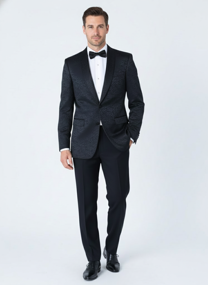 Mens Black Textured Paisley floral Tuxedo Suit  Premium Slim Fit Formal Wedding, Prom, with Bowtie