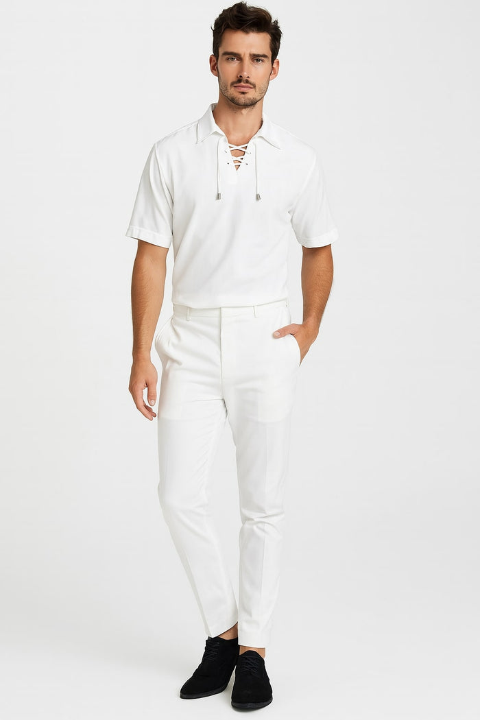 Mens White Lace-Up Renaissance Shirt  Linen Fabric Short Sleeve Casual Pirate Peasant Top