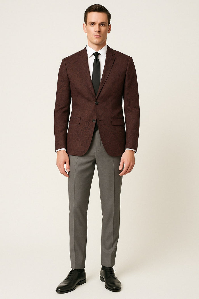 Mens Burgundy and Black Paisley Tuxedo Blazer  Slim Fit Formal Dinner Jacket