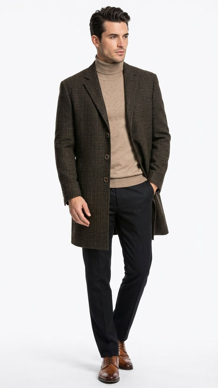 Mens Brown Checkered Wool Overcoat  Long Winter Coat with Classic Plaid Pattern By Statement