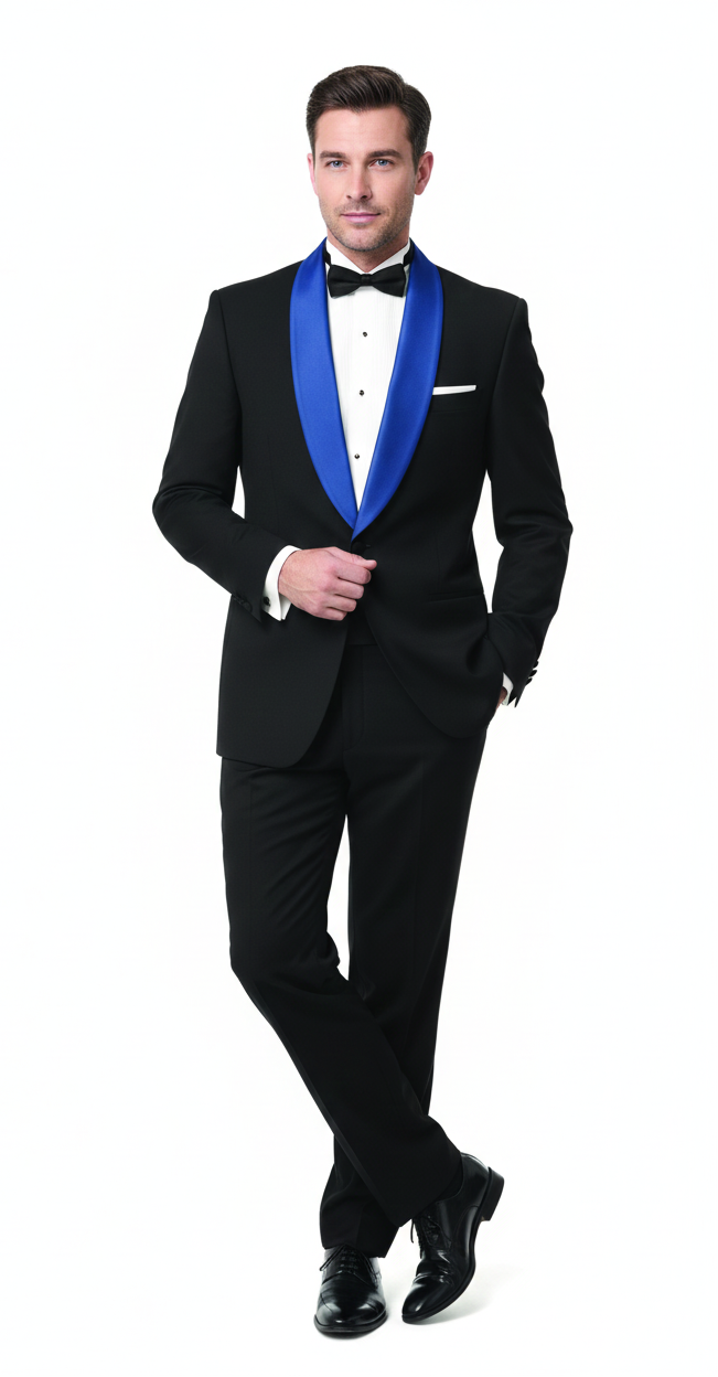 Mens Black Tuxedo with Royal Blue Shawl Lapel | Modern Formal Dinner Jacket Suit  Pants for Weddings, Proms