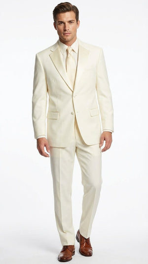 Mens Ivory Tuxedo Suit with Satin Notch Lapel  Formal Wedding and Evening Wear Suit in Cream Off White Color
