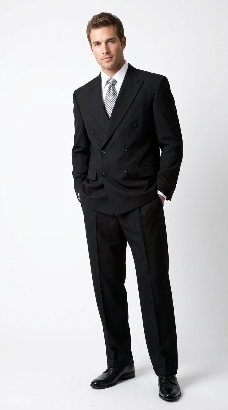 Brand New Solid Black Double Breasted Suit 100% Wool Fabric Super 150s Wide Suits Side Vent (pleated or Flat Front Pants)