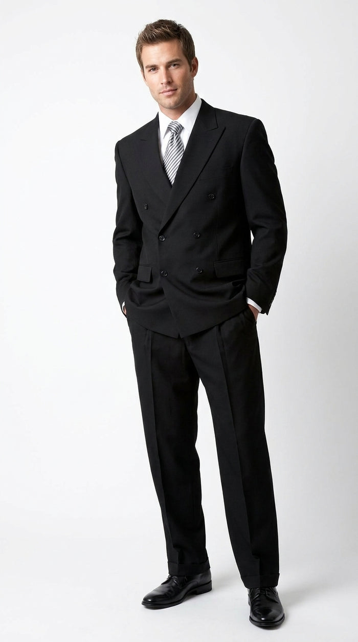 Brand New Solid Black Double Breasted Suit 100% Wool Fabric Super 150s Wide Suits Side Vent (pleated or Flat Front Pants)