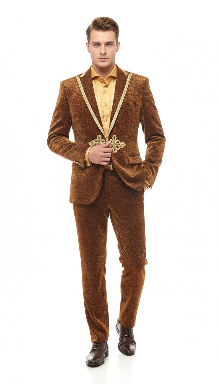 Mens Bronze Shiny Velvet Suit  Designer Party and Wedding Wear Blazer and Pant Set Brown and Gold Tuxedo