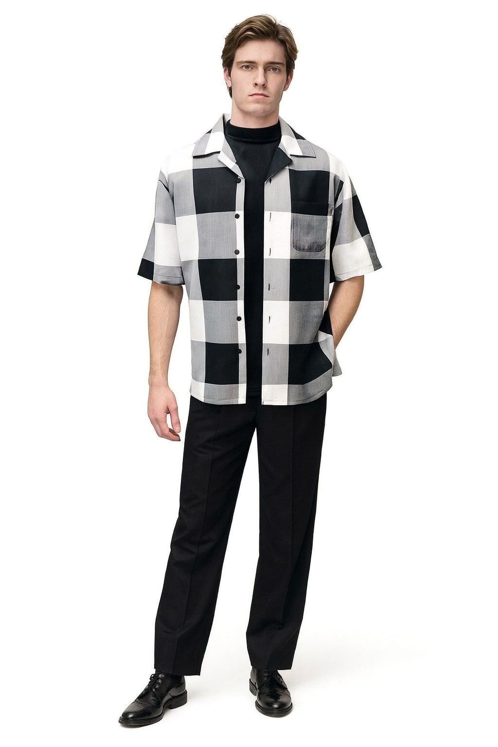 Mens Black and White Checkered Short Sleeve Shirt Set  Casual Two-Piece Summer Outfit