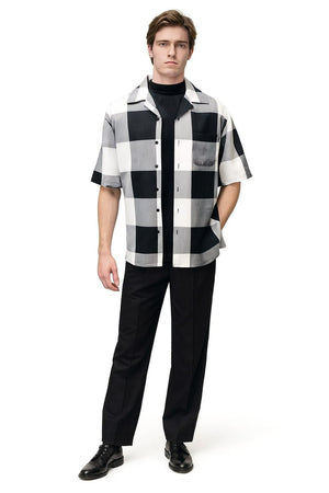 Mens Black and White Checkered Short Sleeve Shirt Set  Casual Two-Piece Summer Outfit