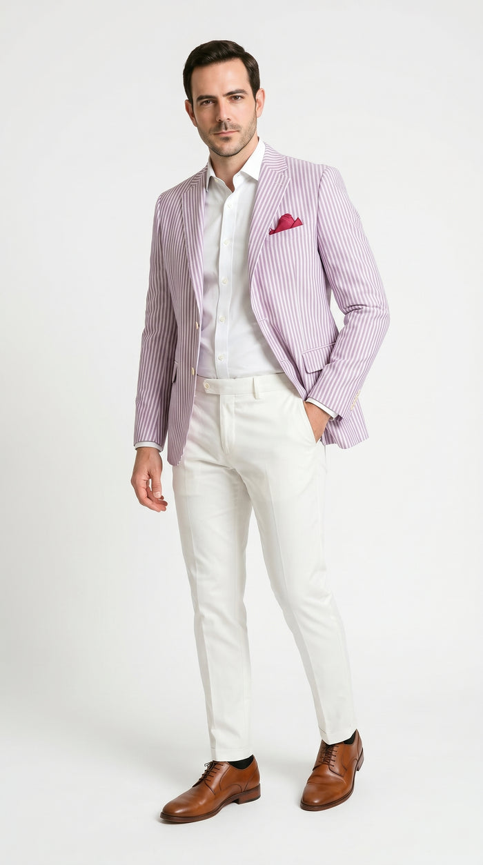 Men's Italian Lavender Seersucker Blazer Lightweight Summer Striped Suit Jacket