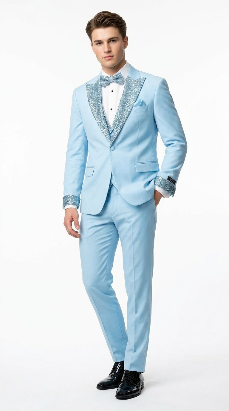 Men’s Baby Blue Prom Tuxedo Suit with Silver Rhinestone Sequin Lapel and Matching Vest