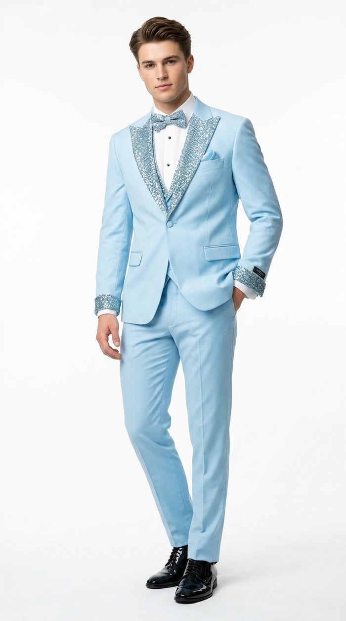 Men’s Baby Blue Prom Tuxedo Suit with Silver Rhinestone Sequin Lapel and Matching Vest
