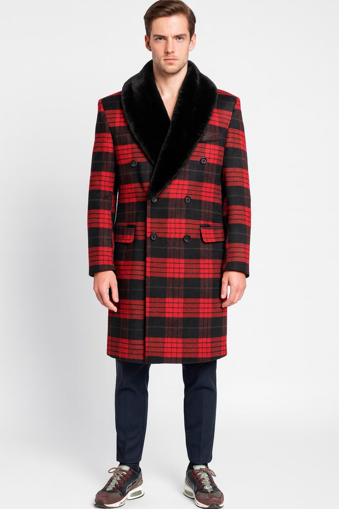 Mens Red and Black Plaid Wool Overcoat with Black Faux Fur Shawl Collar  Double-Breasted Winter Coat - Tartan Designs