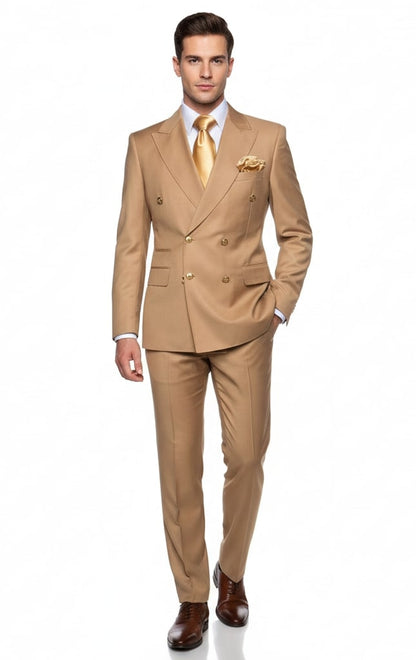 Mens Camel - Bronze - Goldish khaki Double-Breasted Suit  Luxury 2-Piece Formal Set with Gold Buttons and Peak Lapels by Rossi Man