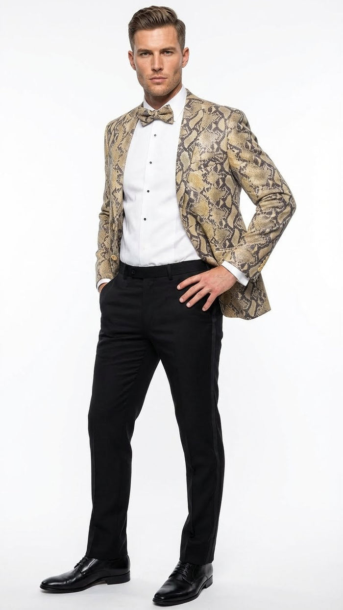 Mens Beige and Black Snakeskin Print Blazer  Alligator Crocodile Exotic Sking Sport Coat Jacket in Tan Camel Color