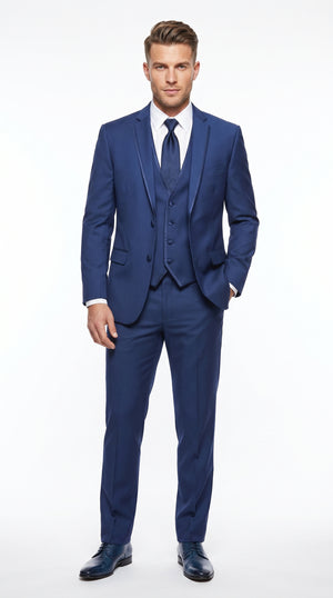 Men’s Blue 3 Piece Vested Tuxedo with 2 Button Jacket, Satin Trim and Matching Pants