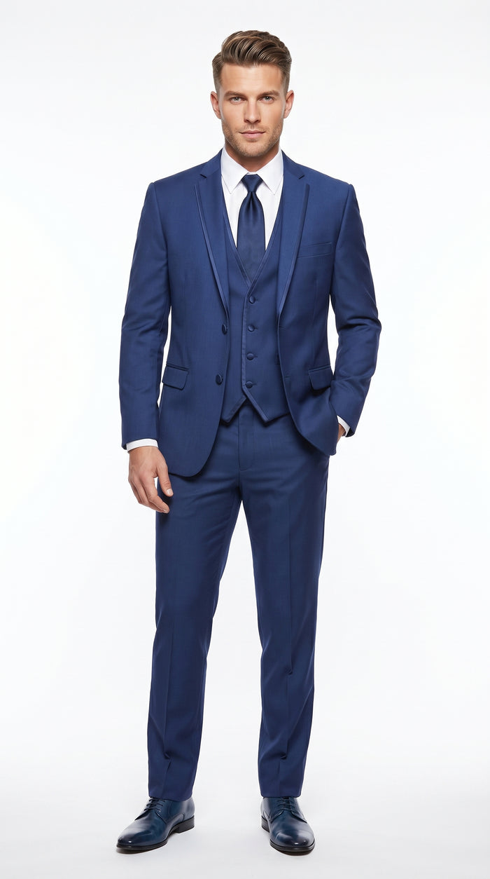 Men’s Blue 3 Piece Vested Tuxedo with 2 Button Jacket, Satin Trim and Matching Pants