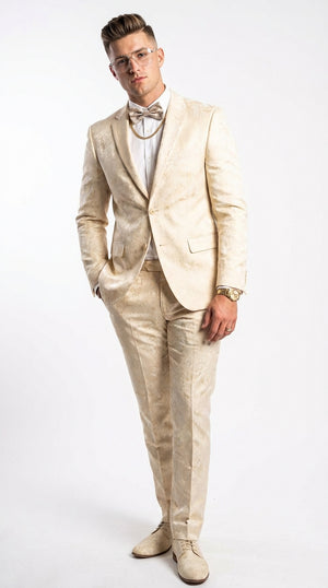 Mens 2 Button White with Gold Foil Floral Paisley Prom and Wedding Tuxedo
