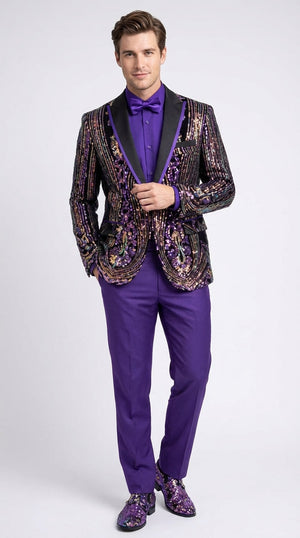 Mens Mardi Gra Black and Purple and Gold Sequin Tuxedo Jacket Set – Designer with Floral Pattern Jacket Formal Wedding Party Wear Bowtie