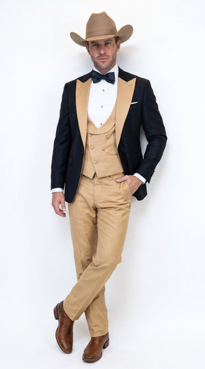 Men's Western Khaki Cowboy Tuxedo Suit – Black & Tan Beige  Peak Lapel 3-Piece Vested Formal Cowboy Suit