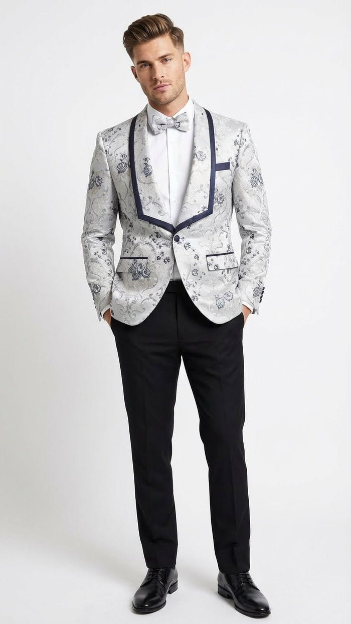 Mens White and Navy Blue Lapel  Floral Jacquard Blazer with Contrast Shawl Lapel  Luxury Wedding and Party Wear Jacket paisley Tuxedo Navy Pants