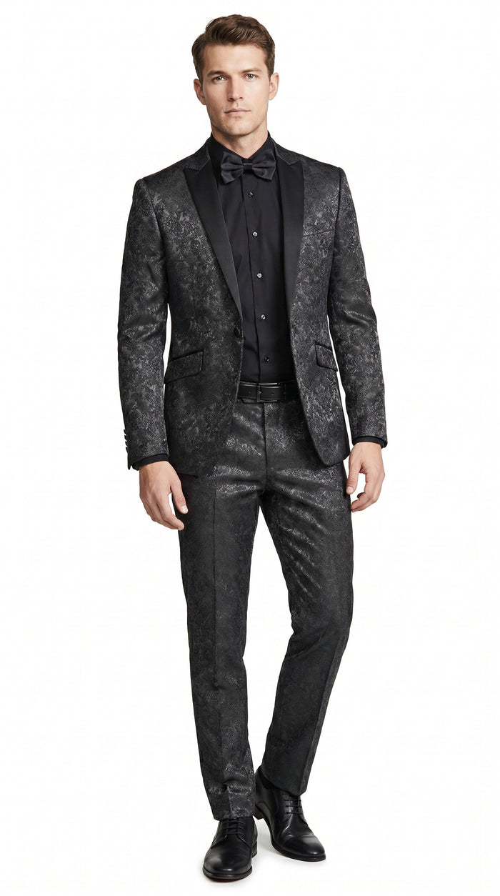Men’s Black Paisley Wedding and Prom Tuxedo with One Button Jacket, Formal Dinner Suit