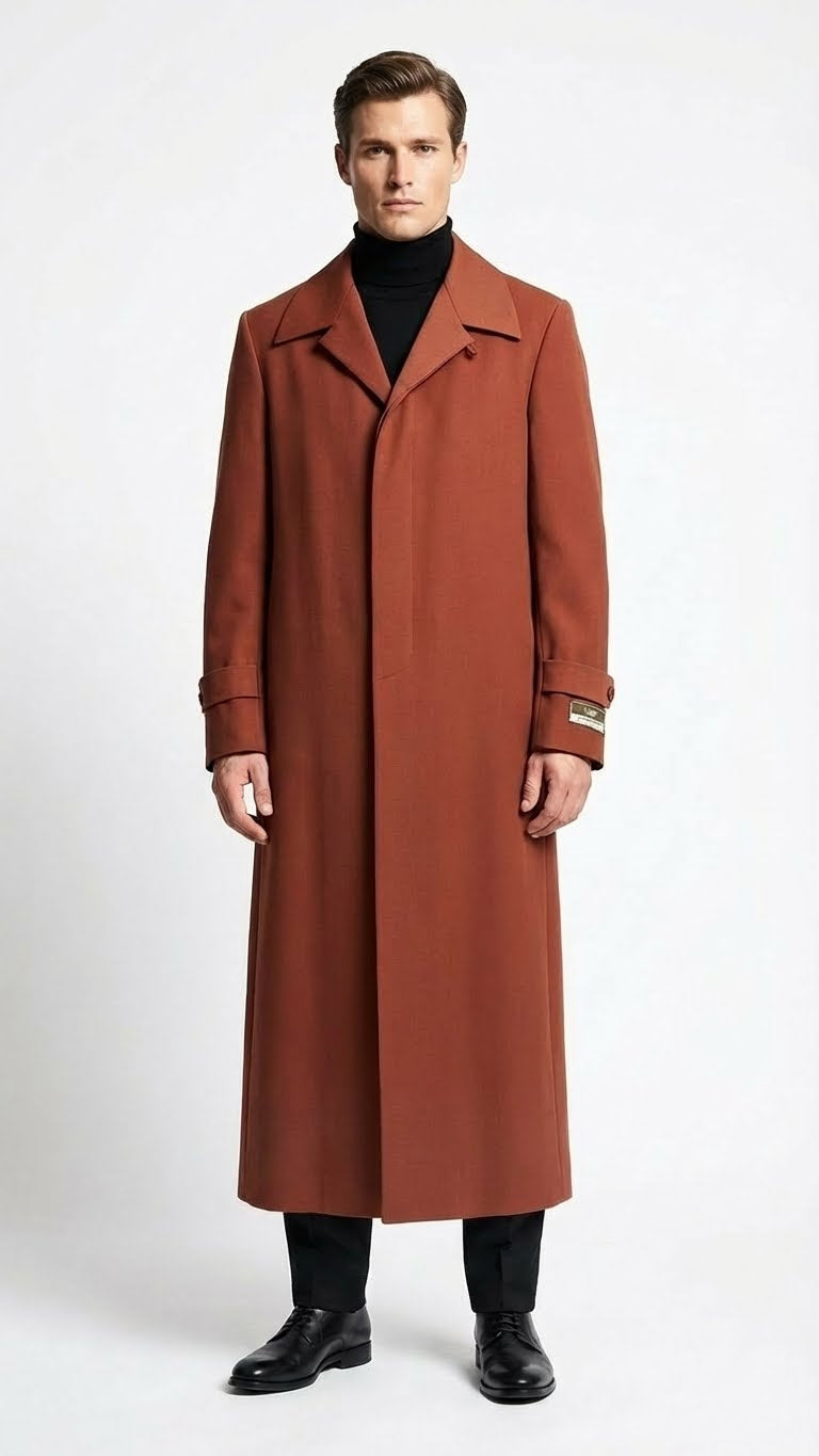 Mens Full-Length Cognac Overcoat  Premium Wool-Blend Long Dress Coat for Winter and Formal Wear in Rust Brick Color