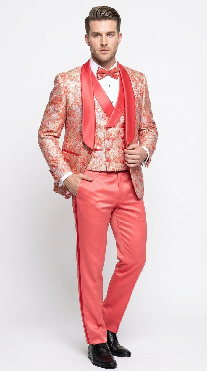 Men's One Button Paisley Wedding Tuxedo with Double Breasted Vest in Coral Orange