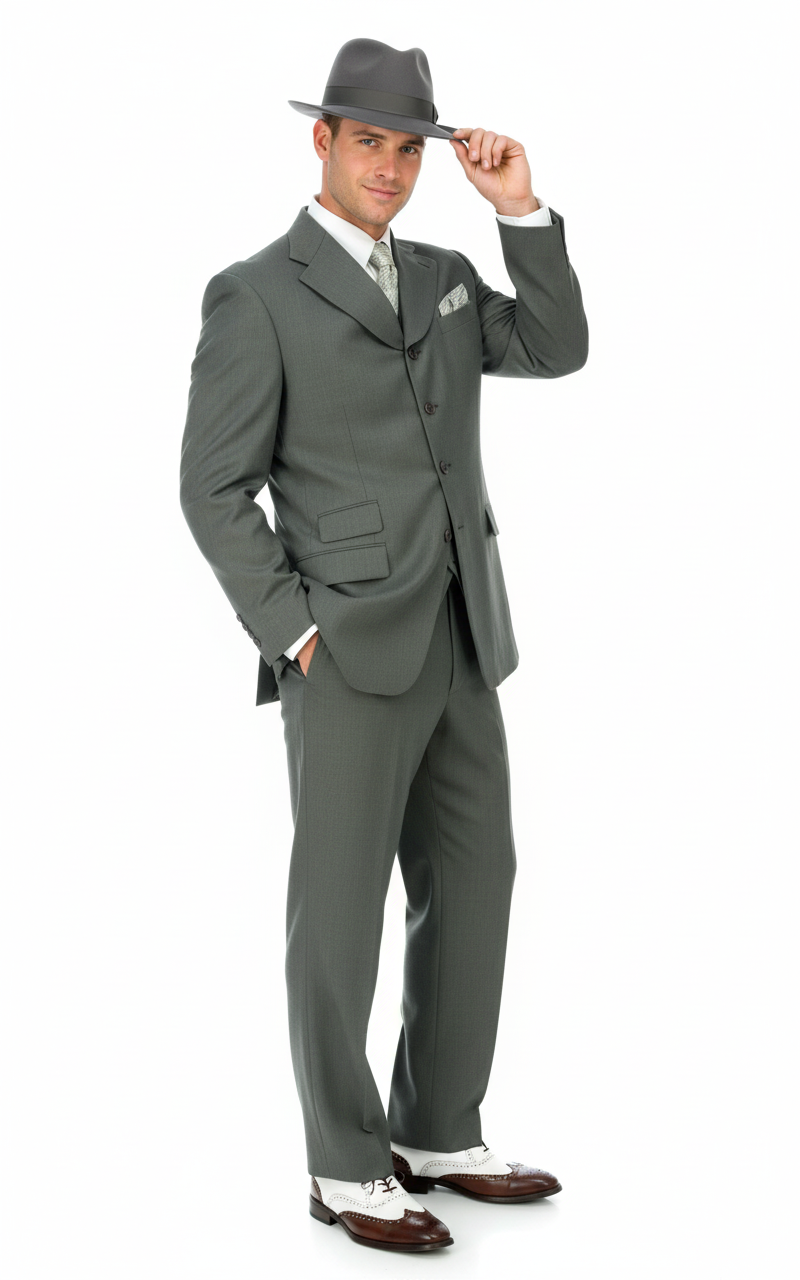 Mens 1920s Gray Zoot Suit   4 Buttons  Gangster Wide Lapel Long Jacket 3-Piece Suit in Grey Color Classic Fit Pleated Pants