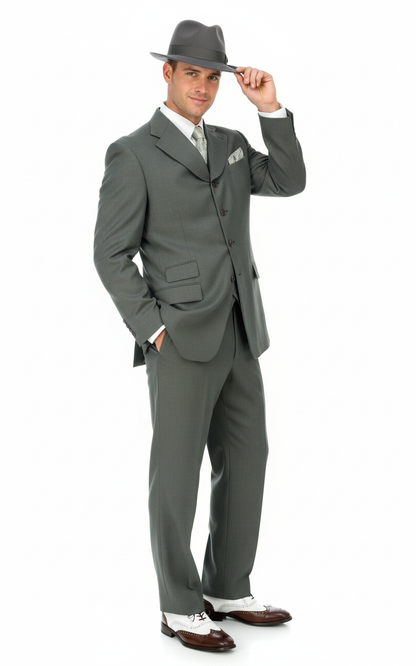 Mens 1920s Gray Zoot Suit   4 Buttons  Gangster Wide Lapel Long Jacket 3-Piece Suit in Grey Color Classic Fit Pleated Pants