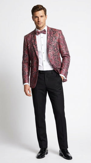 Mens Burgundy and Black Snakeskin Print Blazer  Alligator Crocodile Sport Jacket Exotic Skin