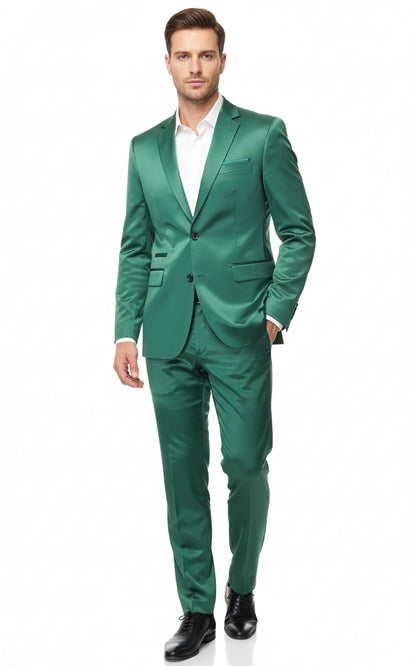 Mens Shiny emerald Green Sateen 2-Piece Slim Fit Suit  Formal Blazer and Pants Set Prom Wedding