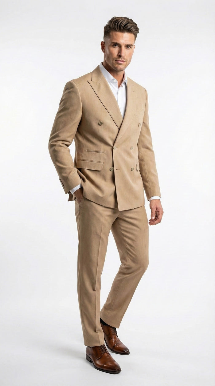 Vitali Brand Men’s Beige Double Breasted Suit – Classic Wedding, Prom & Party Wear Formal Outfit Khaki Camel Color