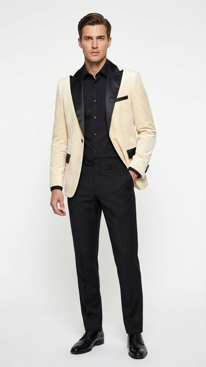 S Men's Ivory Dinner Jacket - Cream Velvet Blazer with Black Satin Lapel