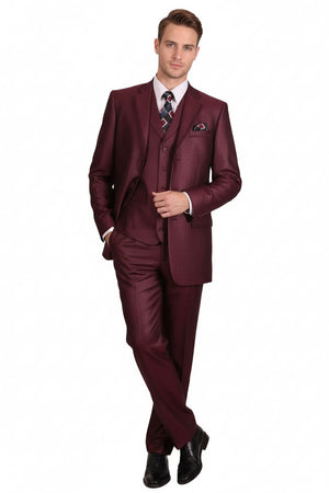 Mens Burgundy 3-Piece Suit  Burgundy Three Buttons Vested Suit - Pleated Pants Classic Fit Athletic Cut