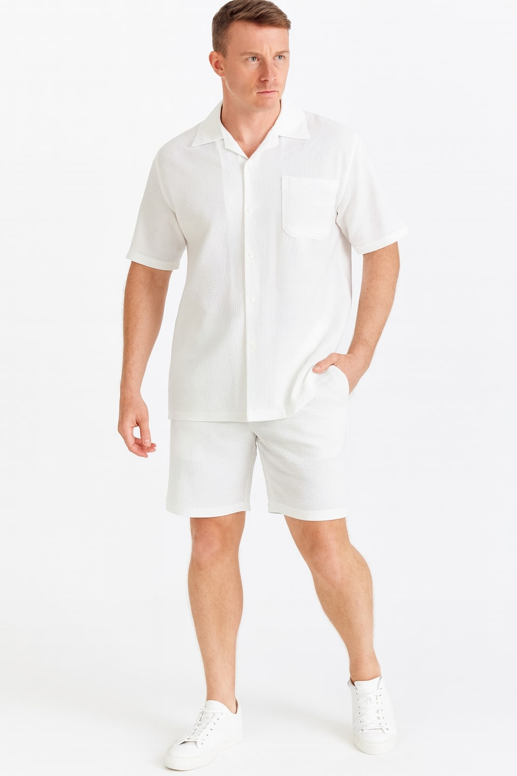 Mens White Seersucker Short Set  Lightweight Summer Outfit with Shirt and Shorts