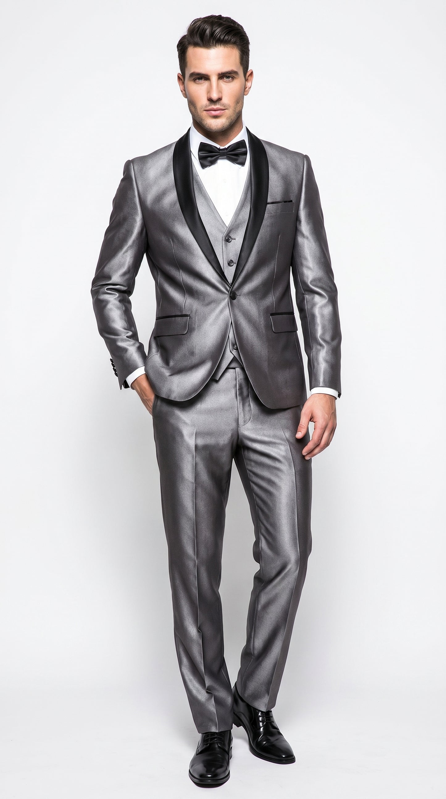 Men’s Silver Grey Sharkskin Vested Tuxedo with 1 Button Jacket, Shawl Lapel and Matching Pants