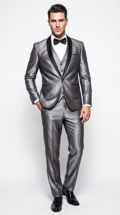 Men’s Silver Grey Sharkskin Vested Tuxedo with 1 Button Jacket, Shawl Lapel and Matching Pants