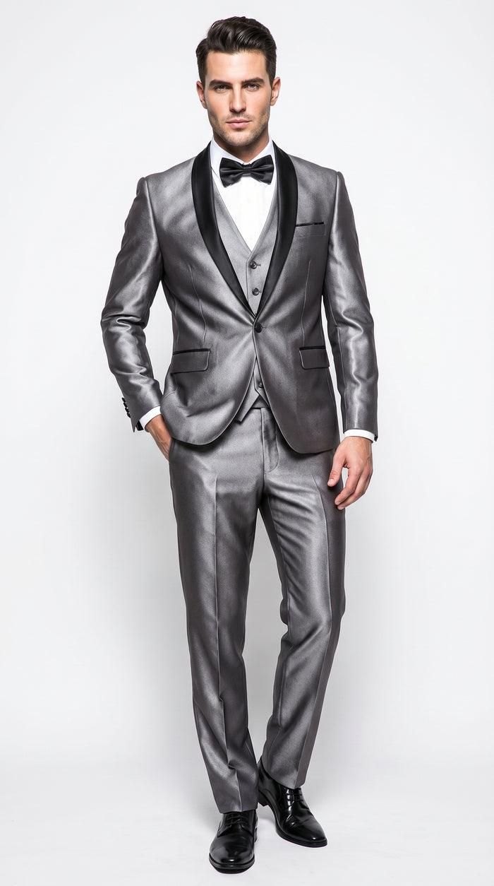 Men’s Silver Grey Sharkskin Vested Tuxedo with 1 Button Jacket, Shawl Lapel and Matching Pants