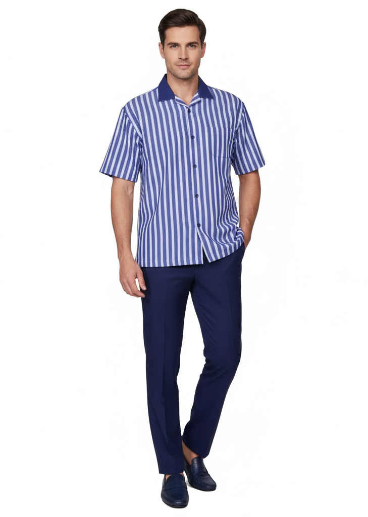 Mens Blue and White Vertical Stripe Short Sleeve Shirt Set  Casual Summer Two-Piece Outfit