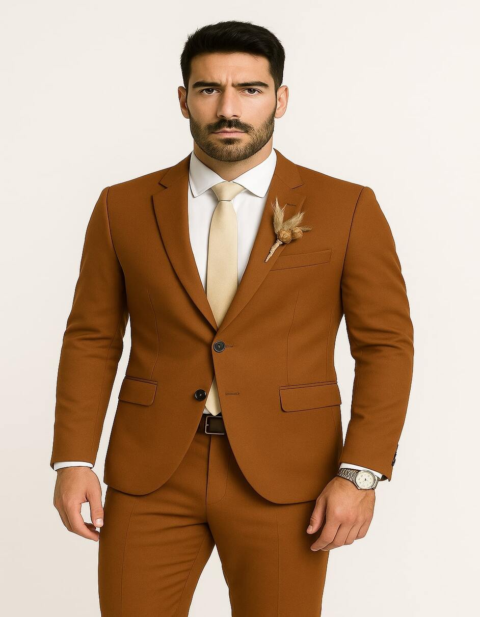 Mens Rust Brown Wedding Suit  Modern Slim Fit Groom Suit for Fall Outdoor Ceremonies