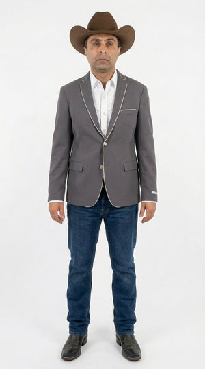Mens Grey and White Trim Western Blazer – Classic Fit Cowboy Style Contrast Trim Dress Jacket
