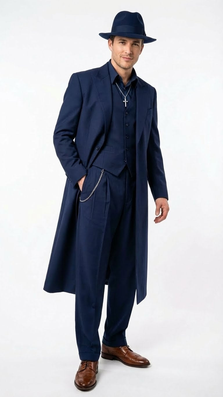 Mens Navy Blue 1920s Zoot Suit – Long Mafia Gangster Three-Piece Vintage Costume Set Suit Pachuco Style