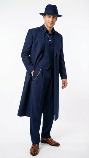 Mens Navy Blue 1920s Zoot Suit – Long Mafia Gangster Three-Piece Vintage Costume Set Zuit Pachuco Style