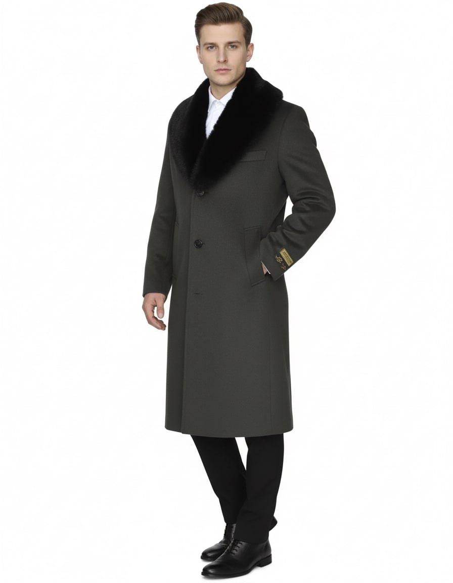 Mens Full Length Olive Overcoat with Black Fur Collar  Luxury Wool Fabric Winter Long Coat in Hunter Green