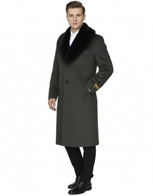Mens Full Length Olive Overcoat with Black Fur Collar  Luxury Wool Fabric Winter Long Coat in Hunter Green