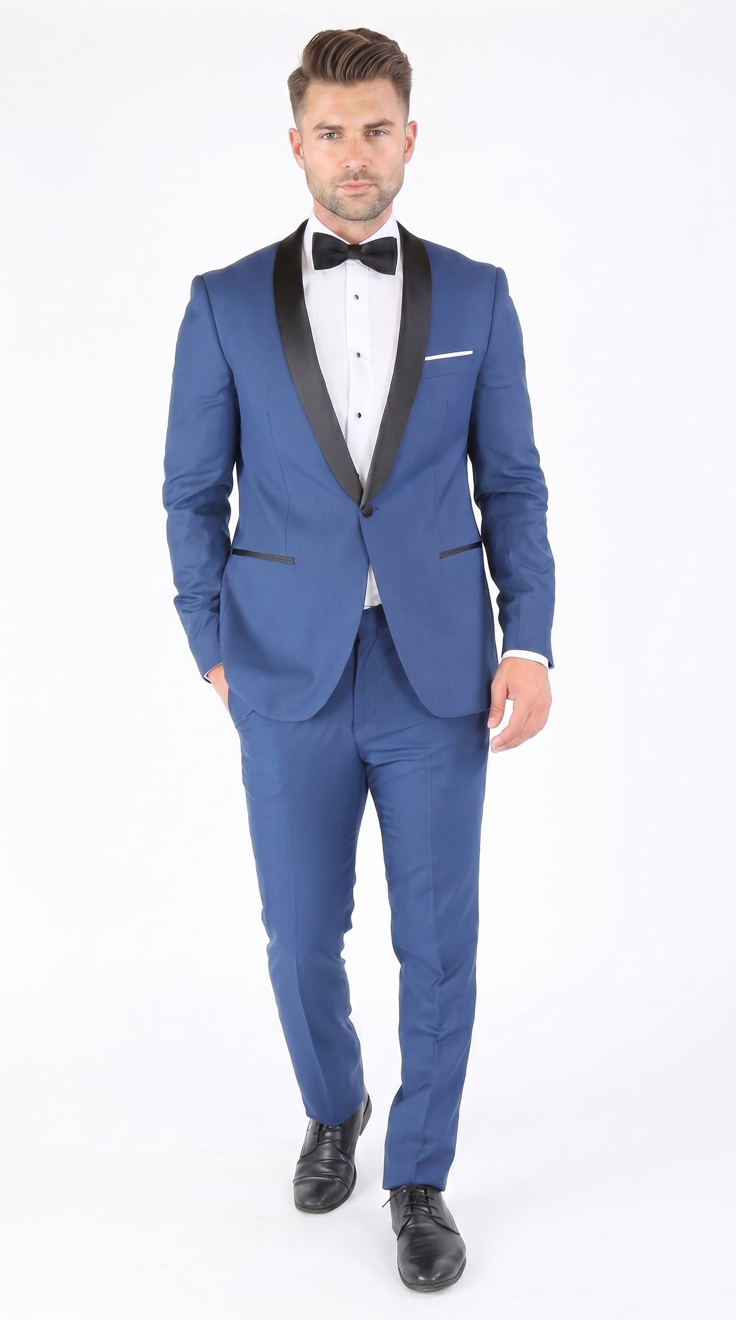 Men’s Indigo Shawl Prom Tuxedo with Black Lapel, One Button Jacket and Matching Pants