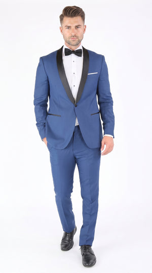 Men’s Indigo Shawl Prom Tuxedo with Black Lapel, One Button Jacket and Matching Pants